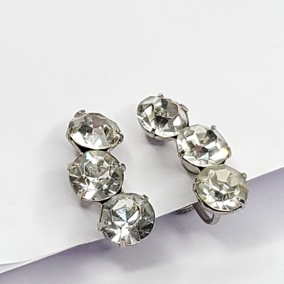 Vintage Clear Round Rhinestone Climber Earrings Screw Back Wedding Prom Party - Picture 3 of 4